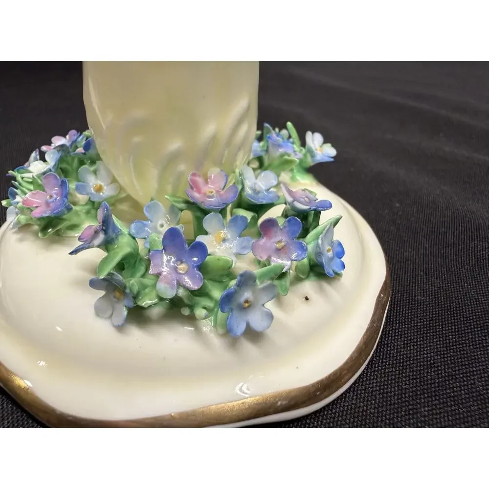 Rare pair crown staffordshire candle holders flowers purple porcelain 2